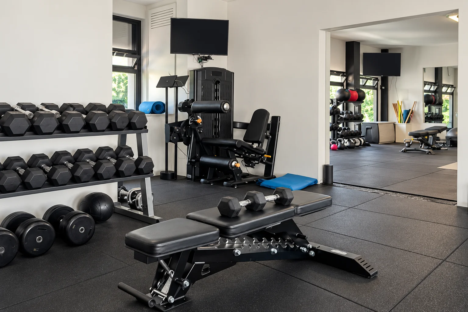 La sala Fit Garden, con panca, manubri, macchinari e specchio