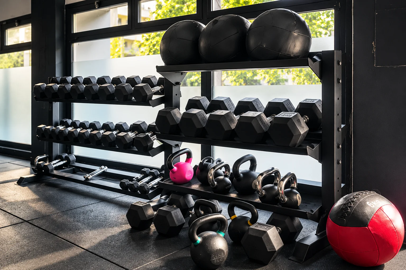 Manubri e kettlebell nella luce naturale dello studio
